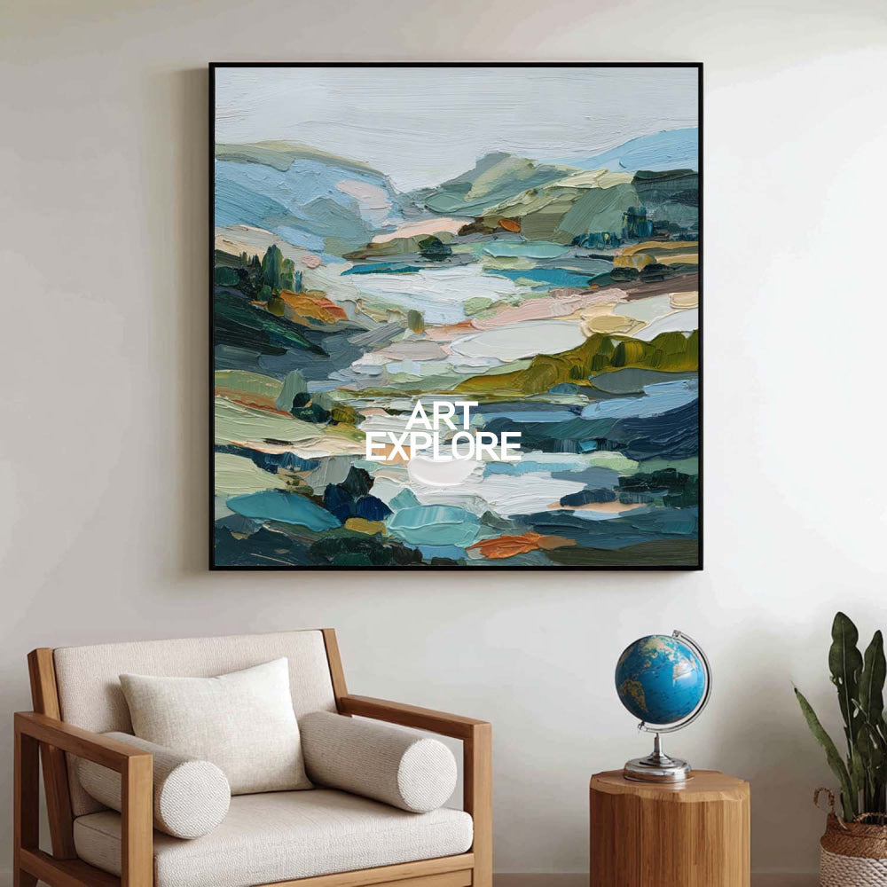 Abstract Green Hill Landscape Painting With Textured Brushstrokes For Modern Home Decor