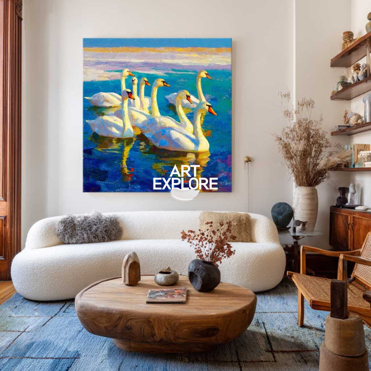 Original Textured Oil Painting Of Swans On Blue Water For Living Room Decor