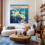 Original Textured Oil Painting Of Swans On Blue Water For Living Room Decor