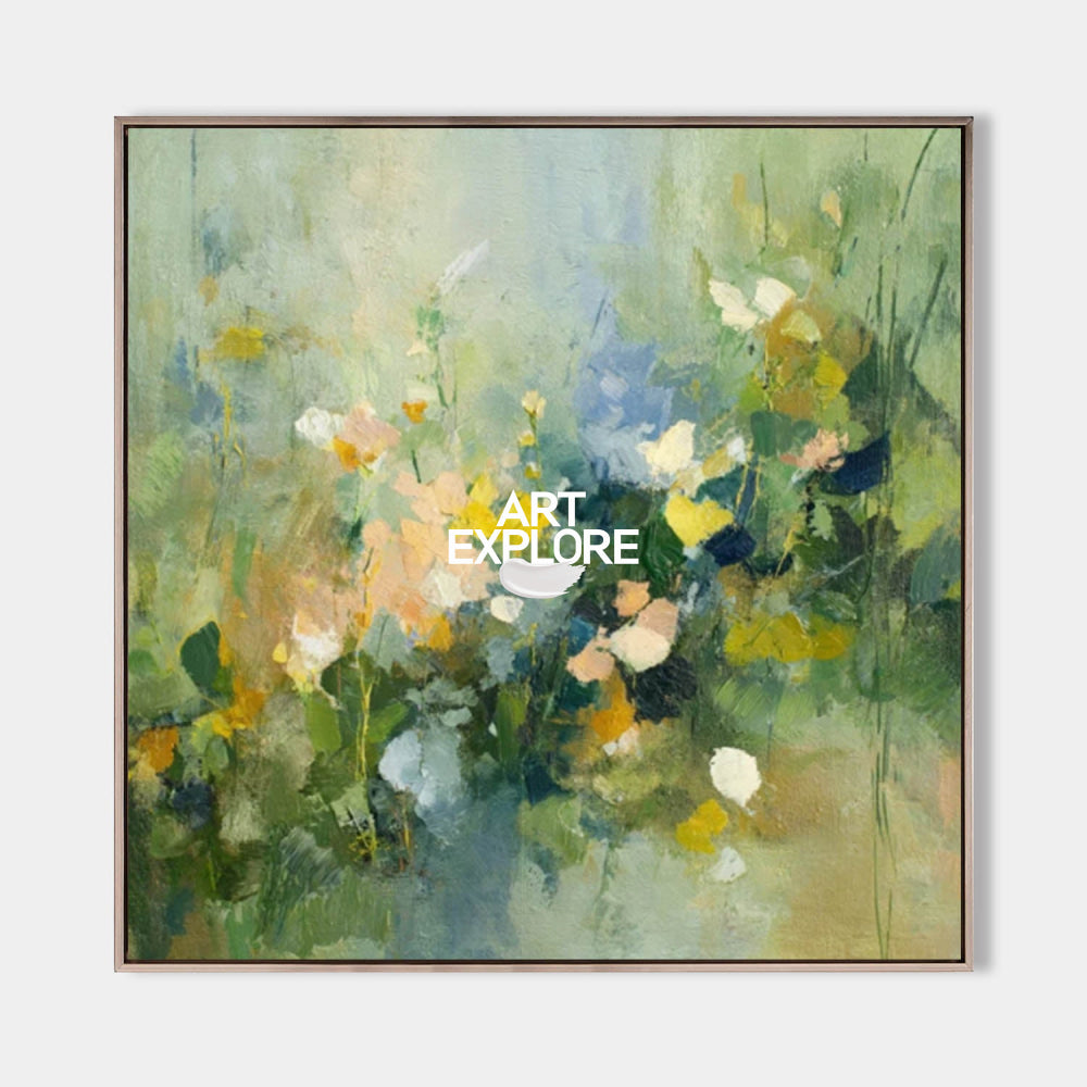 Original Green Meadow Art Print Abstract Botanical Painting For Bedroom Decor