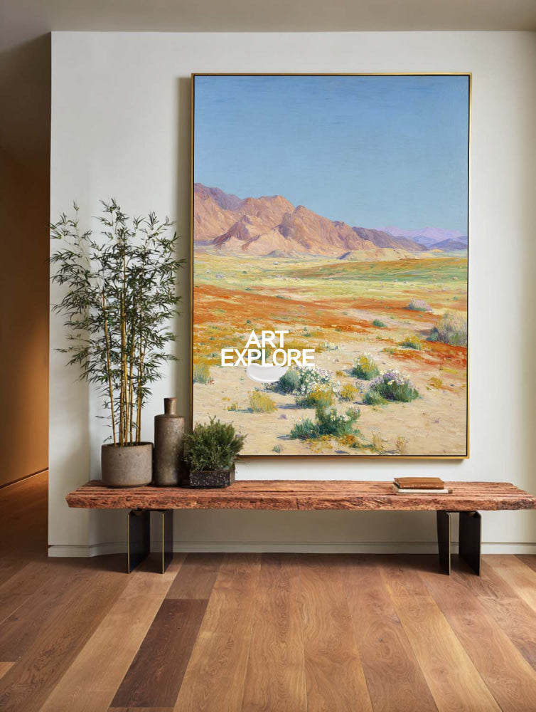 Modern Abstract Desert Mountain Landscape Painting With Wildflowers For Living Room