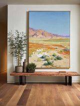Modern Abstract Desert Mountain Landscape Painting With Wildflowers For Living Room