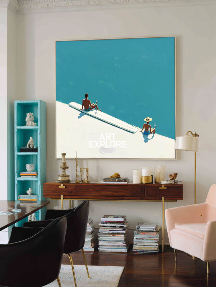 Abstract Coastal Summer Art With Turquoise Sea And Relaxing Figures For Modern Home Decor
