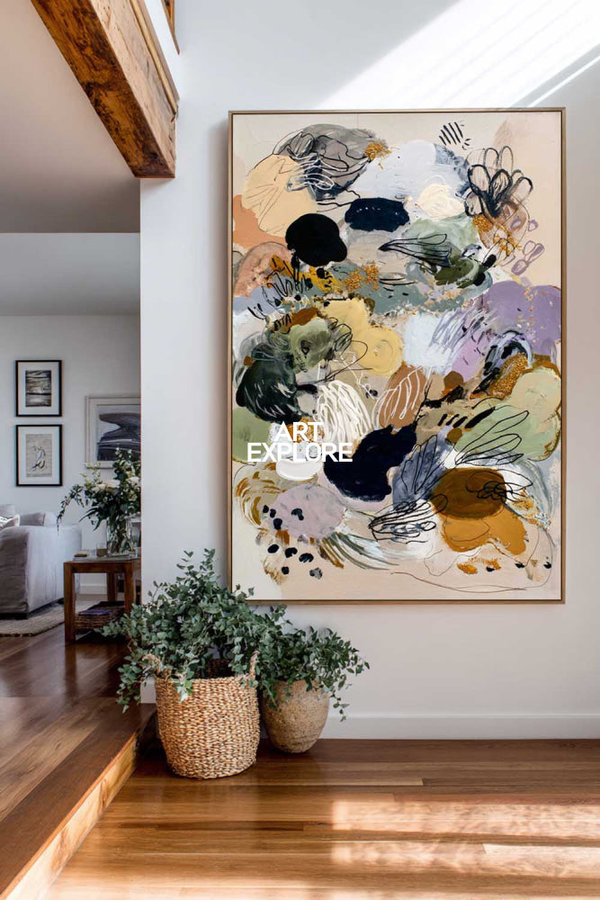 Handmade Textured Abstract Art On Linen Canvas With Earthy Tones And Black Details