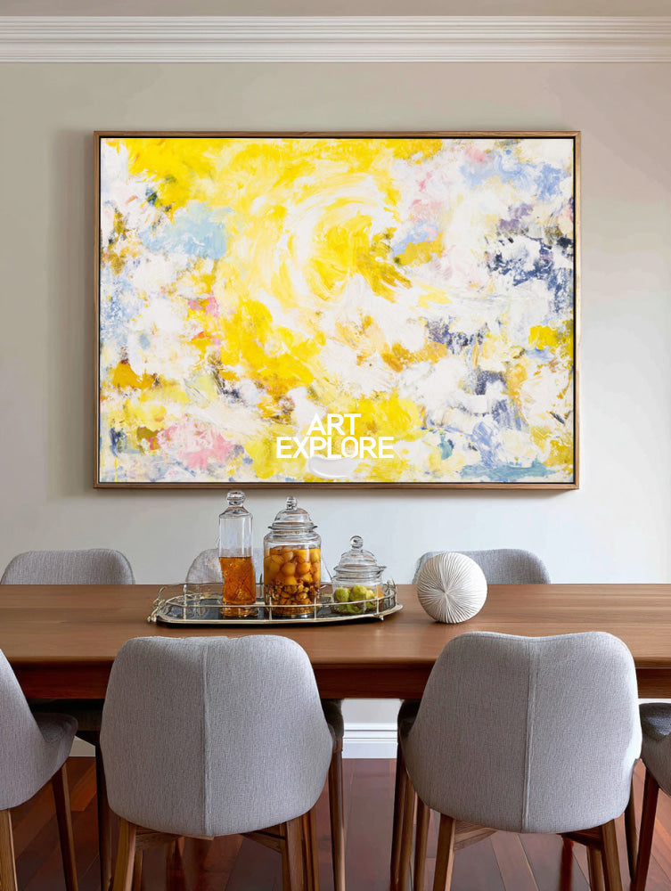 Vibrant Yellow Abstract Painting With Textured Brushwork For Modern Living Spaces
