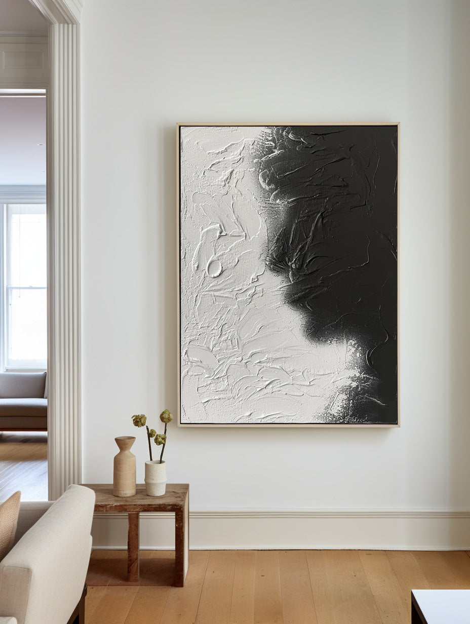 Black And White Abstract Painting, Black White Minimalist Painting, Black White Canvas Wall Art
