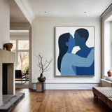Modern Kissing Lovers Canvas Wall Art Blue Canvas Art Large Minimalist Portrait Painting For Sale