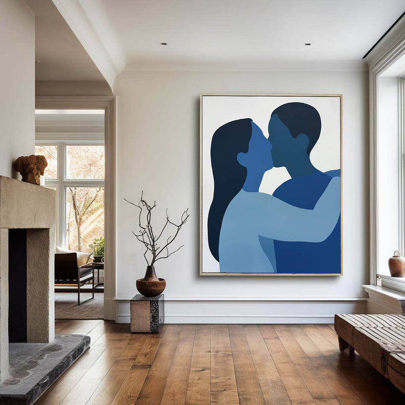 Modern Kissing Lovers Canvas Wall Art Blue Canvas Art Large Minimalist Portrait Painting For Sale