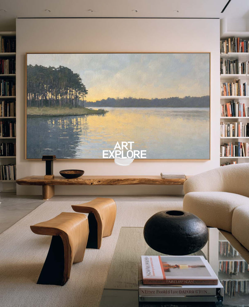 Original Oil Painting Of A Lake At Dusk With Delicate Impressionist Brushstrokes