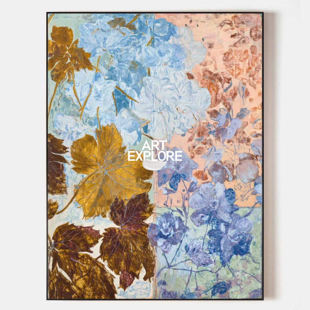 Modern Abstract Floral Painting With Gold Leaves For Living Room Decor