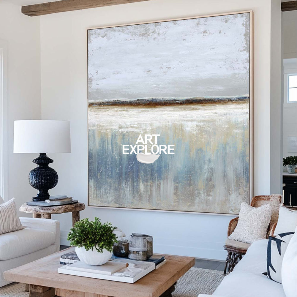 Contemporary Abstract Blue And Beige Painting For Modern Living Room Decor