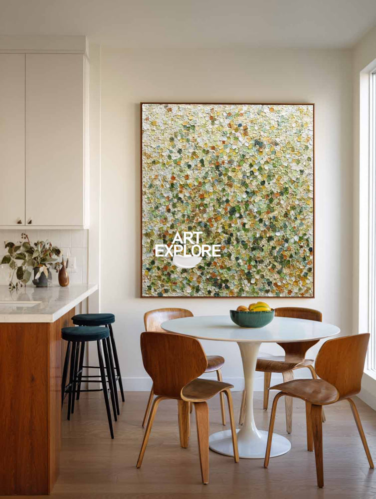 Modern Green Abstract Pointillist Art With Textured Canvas For Living Room Decor