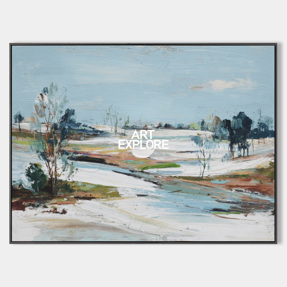 Original Oil Painting Of Frozen Shoreline In Blue Green Brown Tones Ideal For Calm And Sophisticated Interior Design