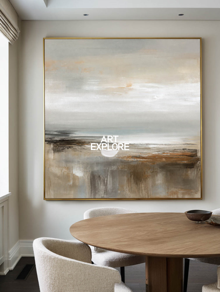 Abstract Textured Square Painting With Neutral Horizon For Modern Living Room Decor
