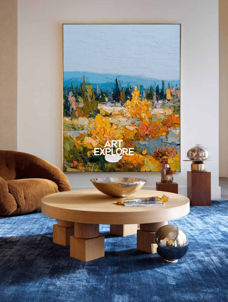 Golden Autumn Forest Landscape Oil Painting With Rich Texture For Living Room Decor