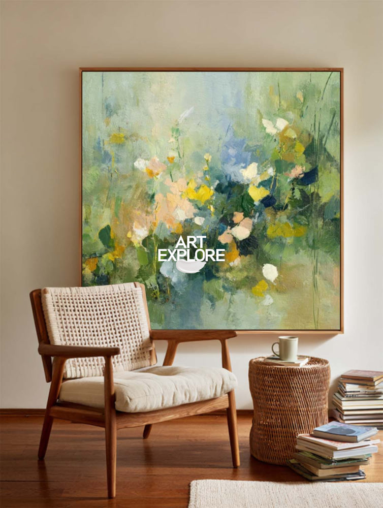 Original Green Meadow Art Print Abstract Botanical Painting For Bedroom Decor