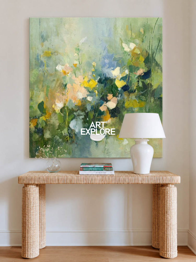 Original Green Meadow Art Print Abstract Botanical Painting For Bedroom Decor