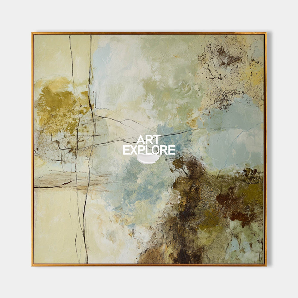 Abstract Modern Green Blue Beige Square Oil Painting On Linen Canvas For Living Room