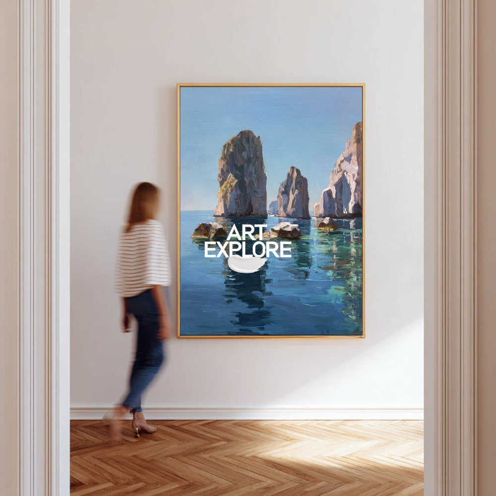 Abstract Seascape Art With Textured Rocks And Calm Blue Water For Office Decor