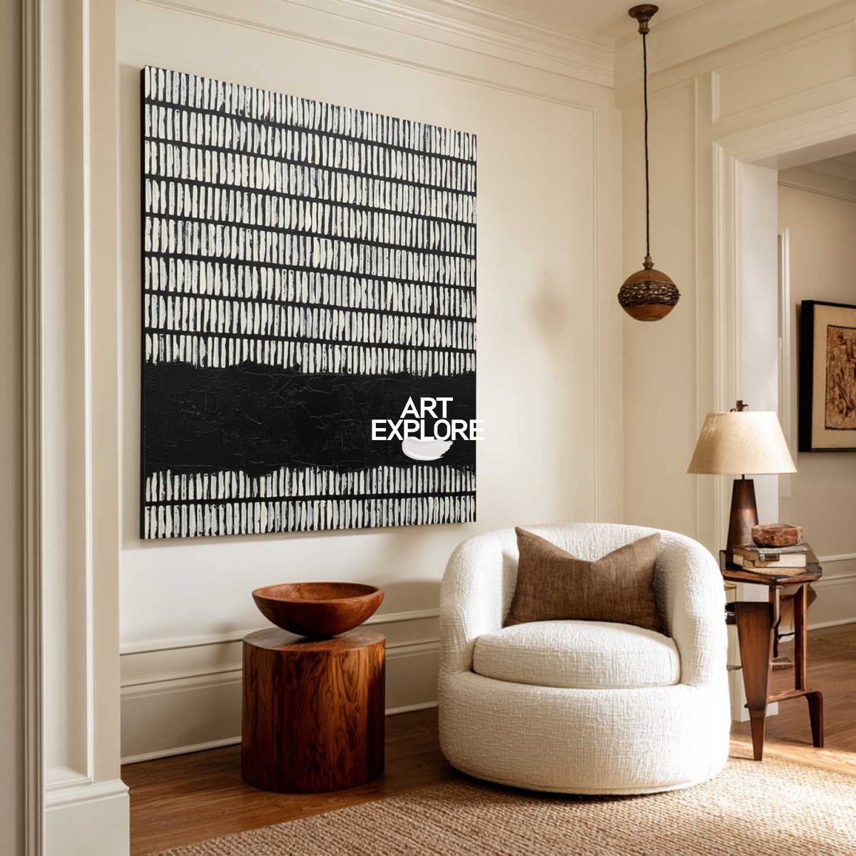 Minimalist Black And White Abstract Square Painting With Geometric Lines For Modern Home Decor