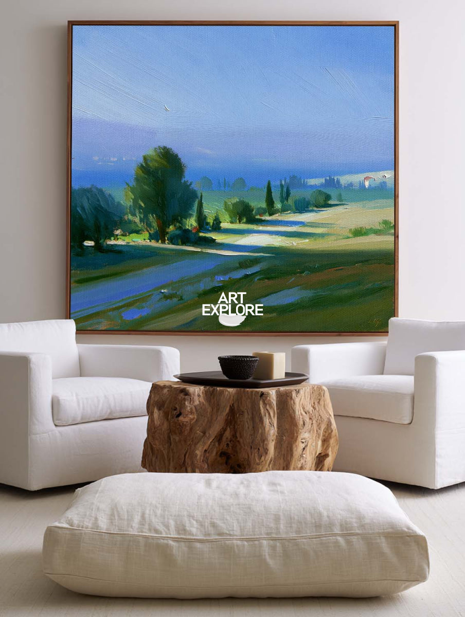 Modern Blue Green Landscape Painting Square Canvas Art For Living Room Decor