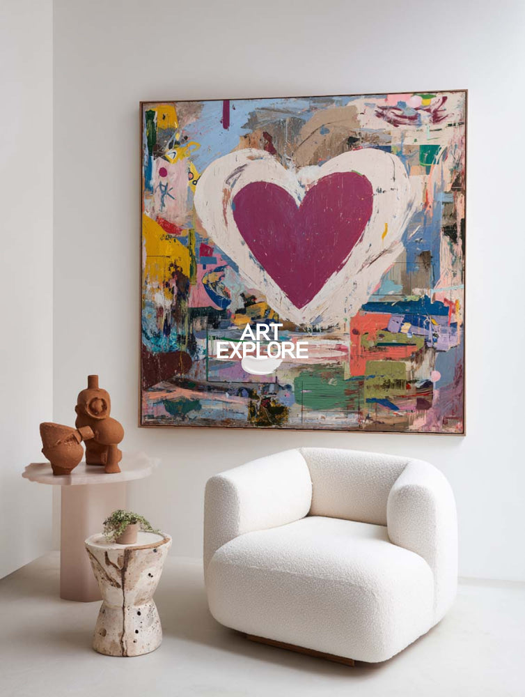 Textured Abstract Square Painting With Bold Heart Motif Contemporary Home Art