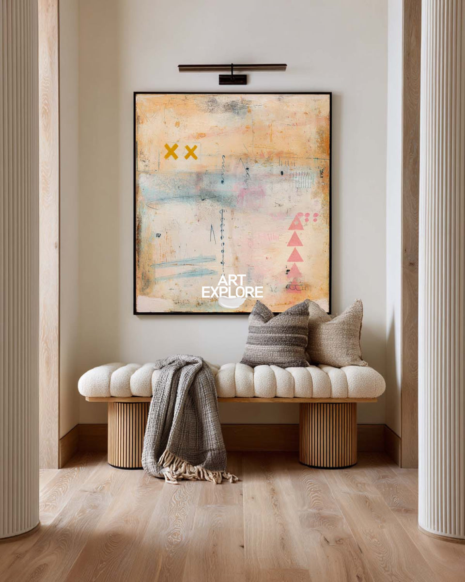 Modern Abstract Art Painting Beige And Pink For Contemporary Living Room Decor