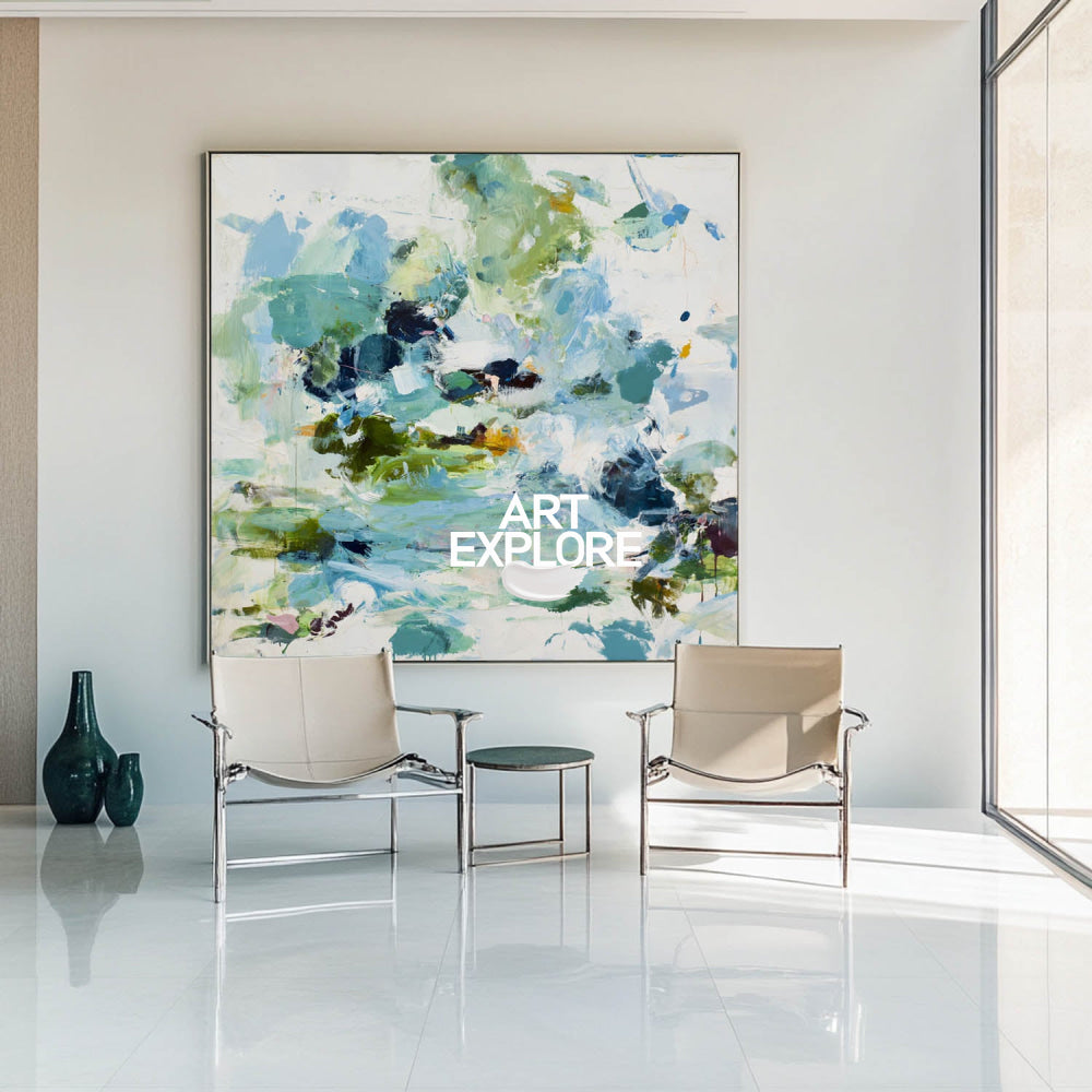 Vibrant Abstract Pond Painting With Green And Blue Hues For Modern Home Decor