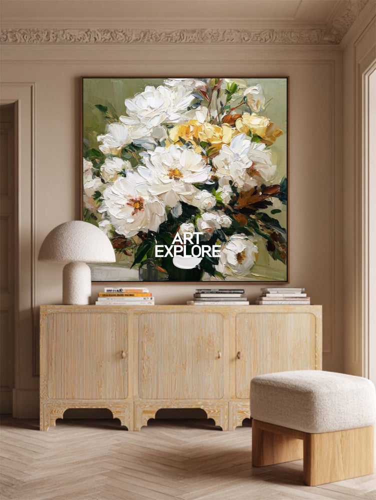 Textured White Peony Bouquet Painting Modern Floral Art For Living Room Decor