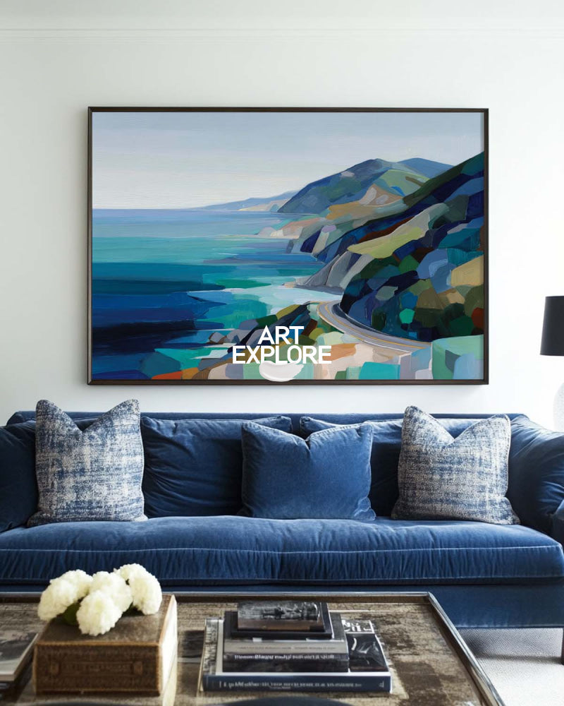 Abstract Coastal Highway Landscape Painting With Blue And Green Tones For Modern Home Decor