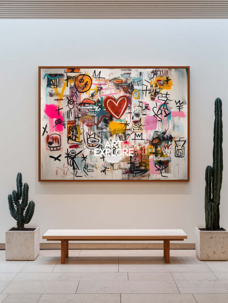 Vibrant Graffiti Abstract Art With Red Heart For Modern Living Room Decor