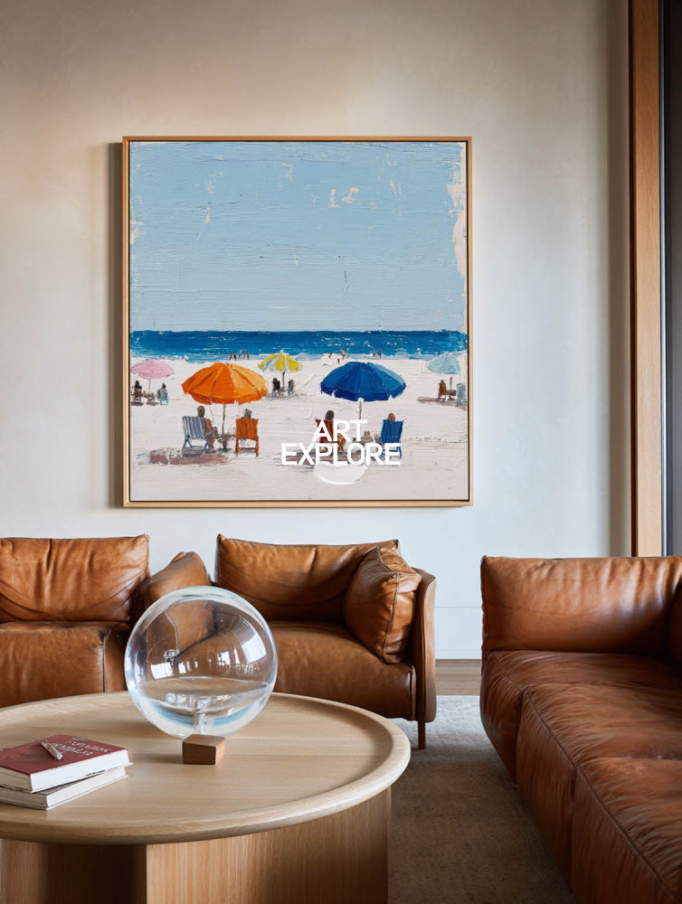 Vibrant Abstract Beach Painting With Orange Umbrellas For Modern Coastal Decor