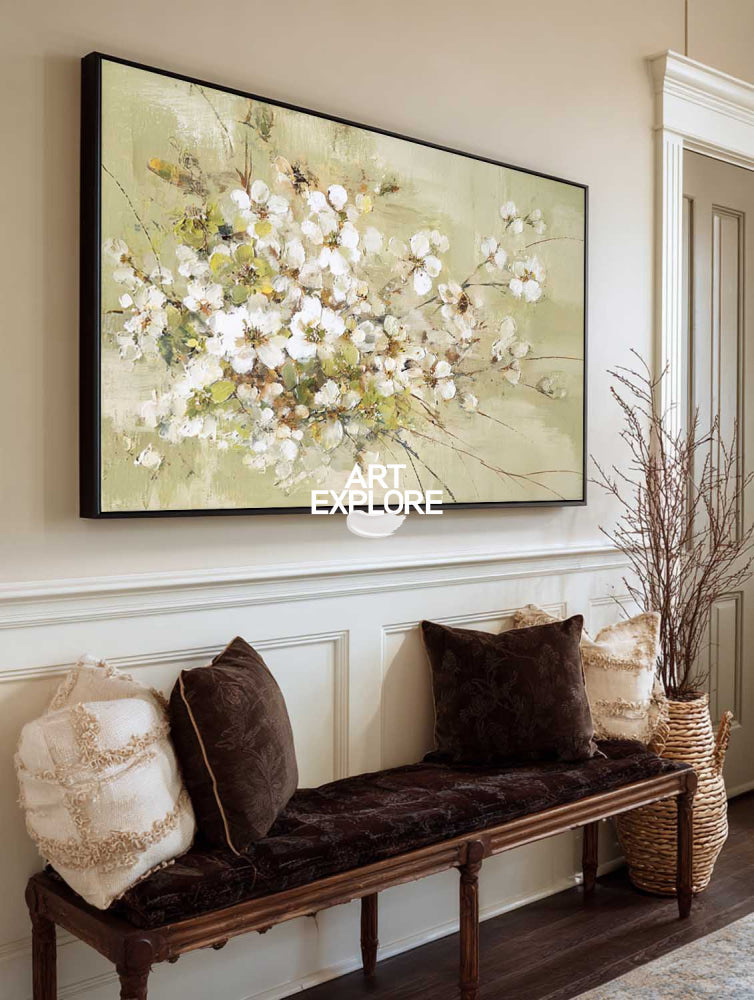 Modern Abstract Floral Painting White Blossoms On Sage Green Canvas For Living Room Decor