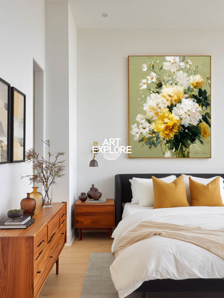 Contemporary Floral Oil Painting White Yellow Flowers Modern Wall Art For Living Room