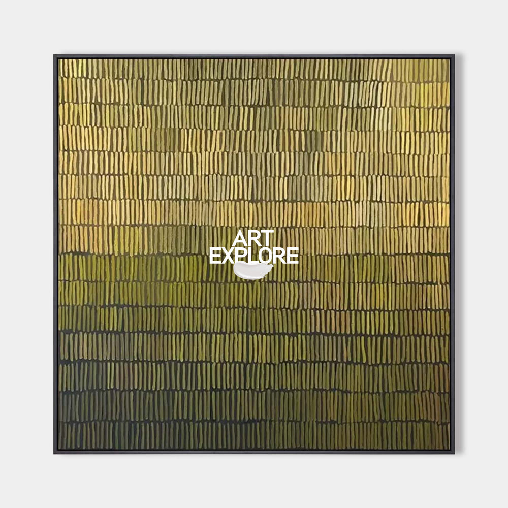 Modern Green And Gold Abstract Painting With Textured Lines For Living Room Decor