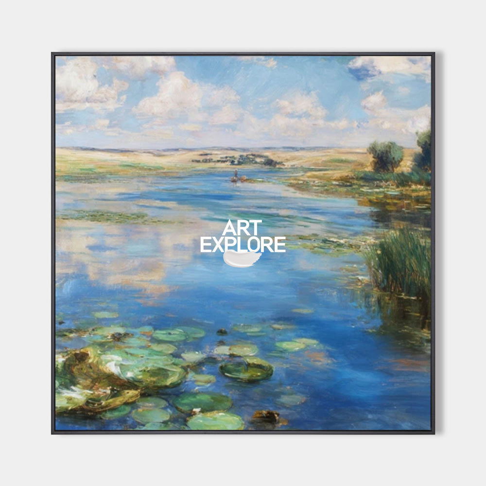 Original Impressionist Wetland Landscape Painting With Blue Sky And Green Water For Living Room Decor