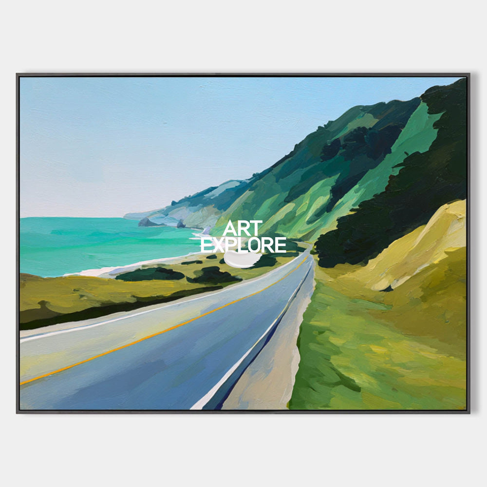 Abstract Coastal Road Landscape Painting With Ocean View For Modern Living Room Decor