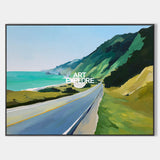 Abstract Coastal Road Landscape Painting With Ocean View For Modern Living Room Decor