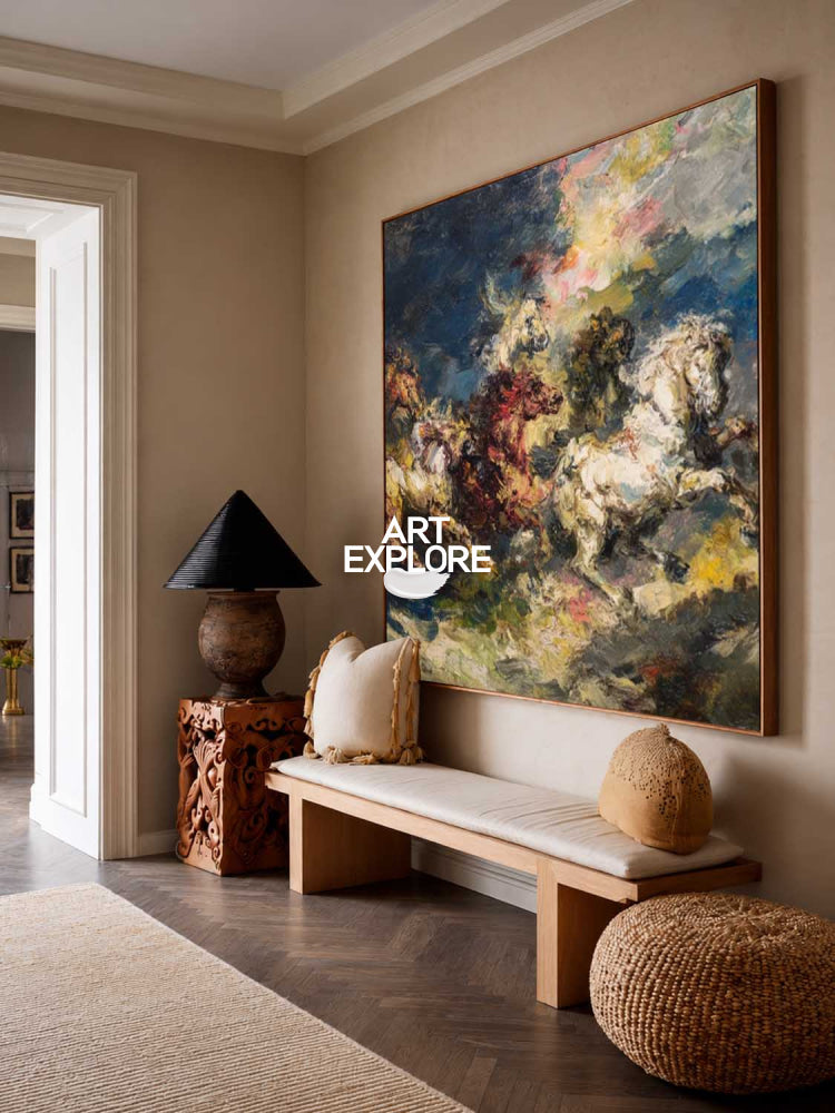 Dramatic Square Canvas Art With Galloping Horses For Entryway And Lounge Spaces