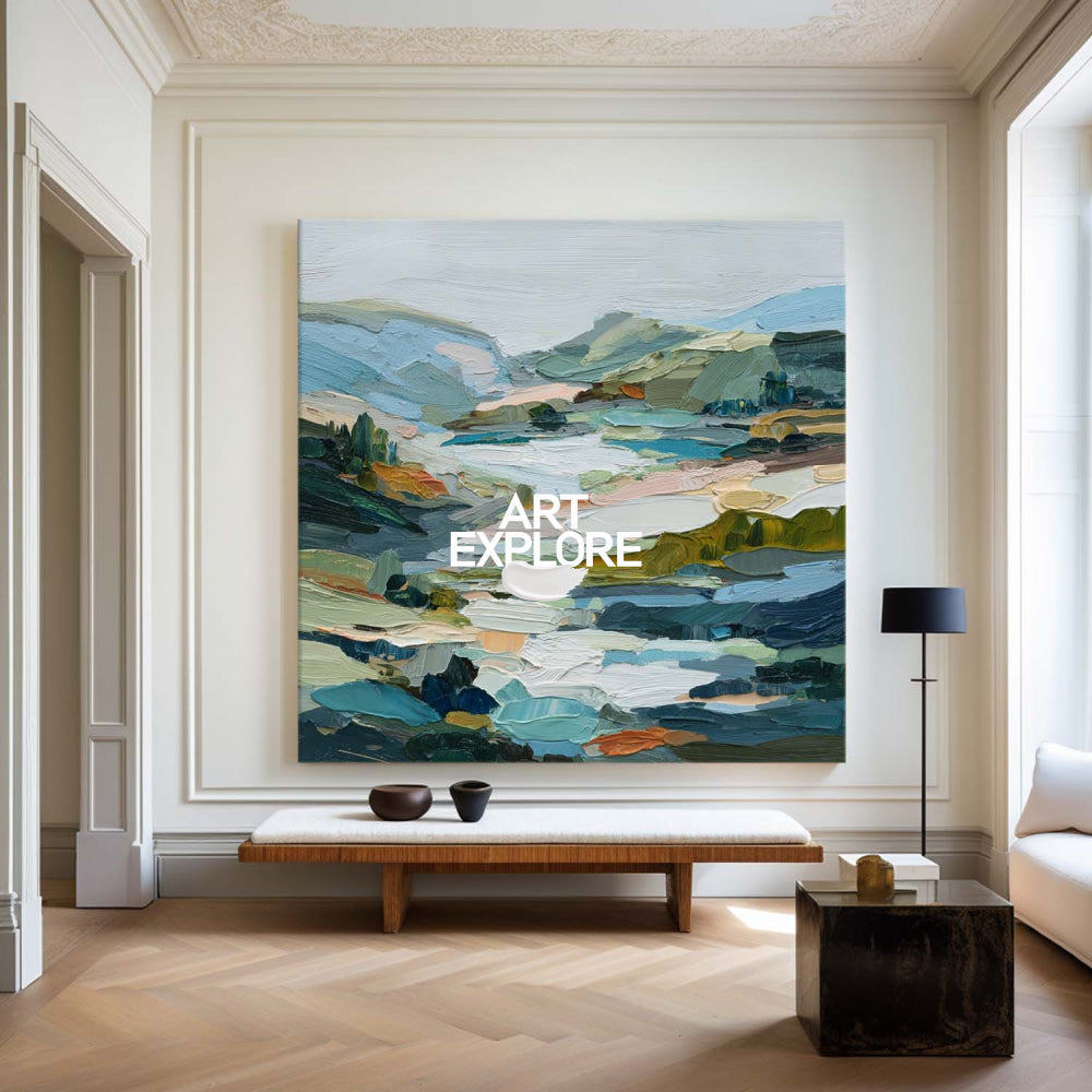 Abstract Green Hill Landscape Painting With Textured Brushstrokes For Modern Home Decor