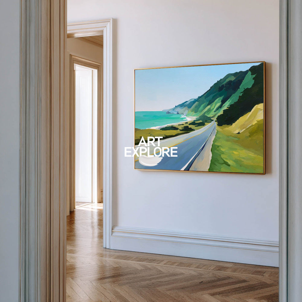 Abstract Coastal Road Landscape Painting With Ocean View For Modern Living Room Decor