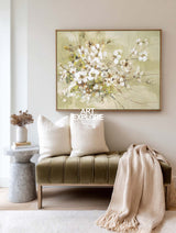 Modern Abstract Floral Painting White Blossoms On Sage Green Canvas For Living Room Decor