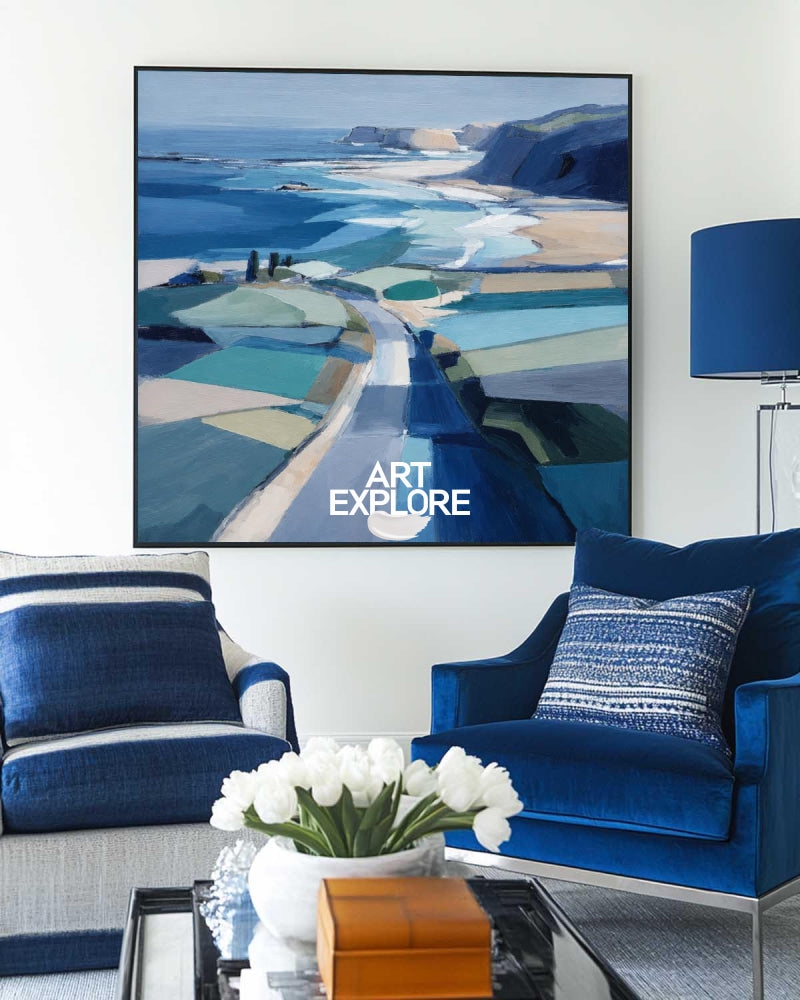 Abstract Blue Coastal Art Painting For Modern Living Room Decor With Ocean View