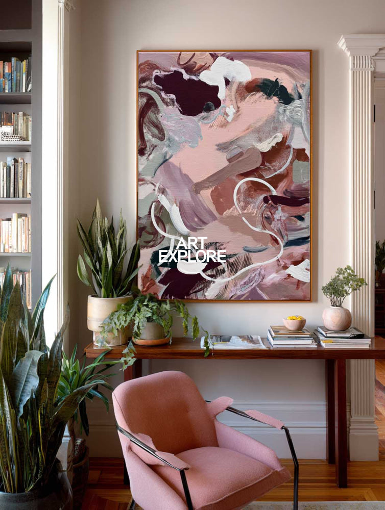 Modern Pink Abstract Painting Vertical Canvas Wall Art For Contemporary Living Room Decor