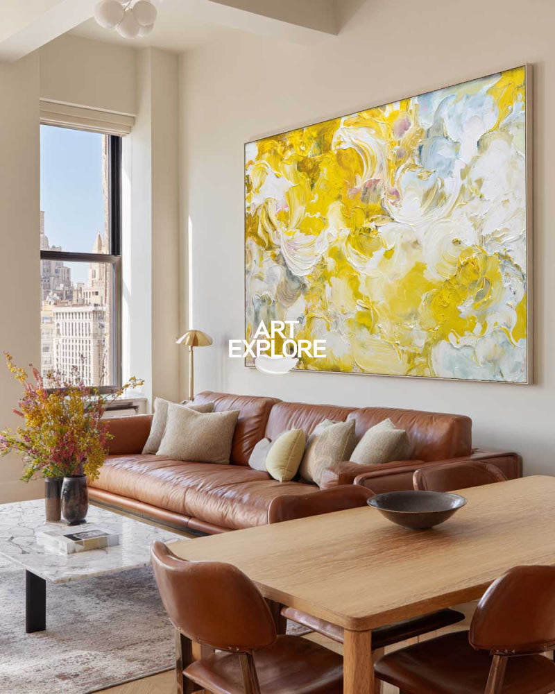 Large Horizontal Canvas Art In Yellow And White For Office And Bedroom Walls
