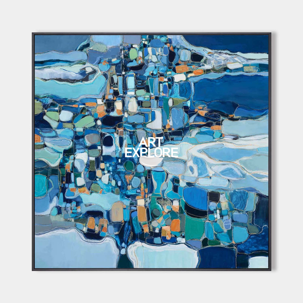 Abstract Blue Seascape Oil Painting Modern Square Canvas Art For Home Decor