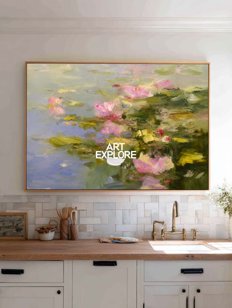Modern Abstract Lotus Painting With Textured Brushwork For Elegant Home Decor