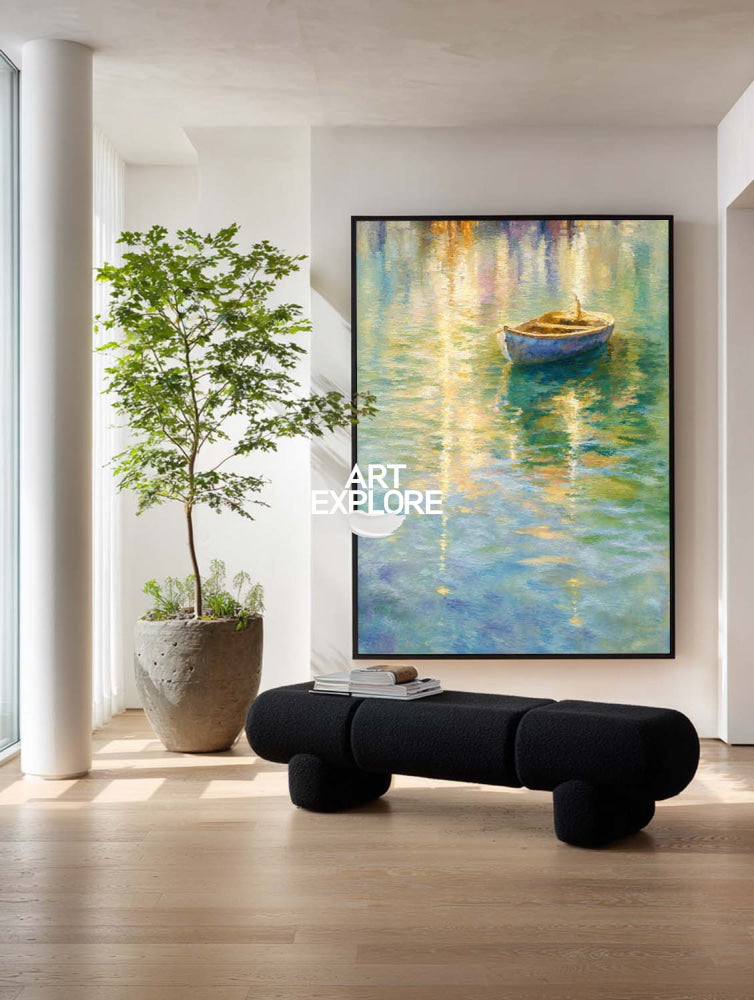 Modern Abstract Rowboat Painting For Living Room With Gold And Blue Tones