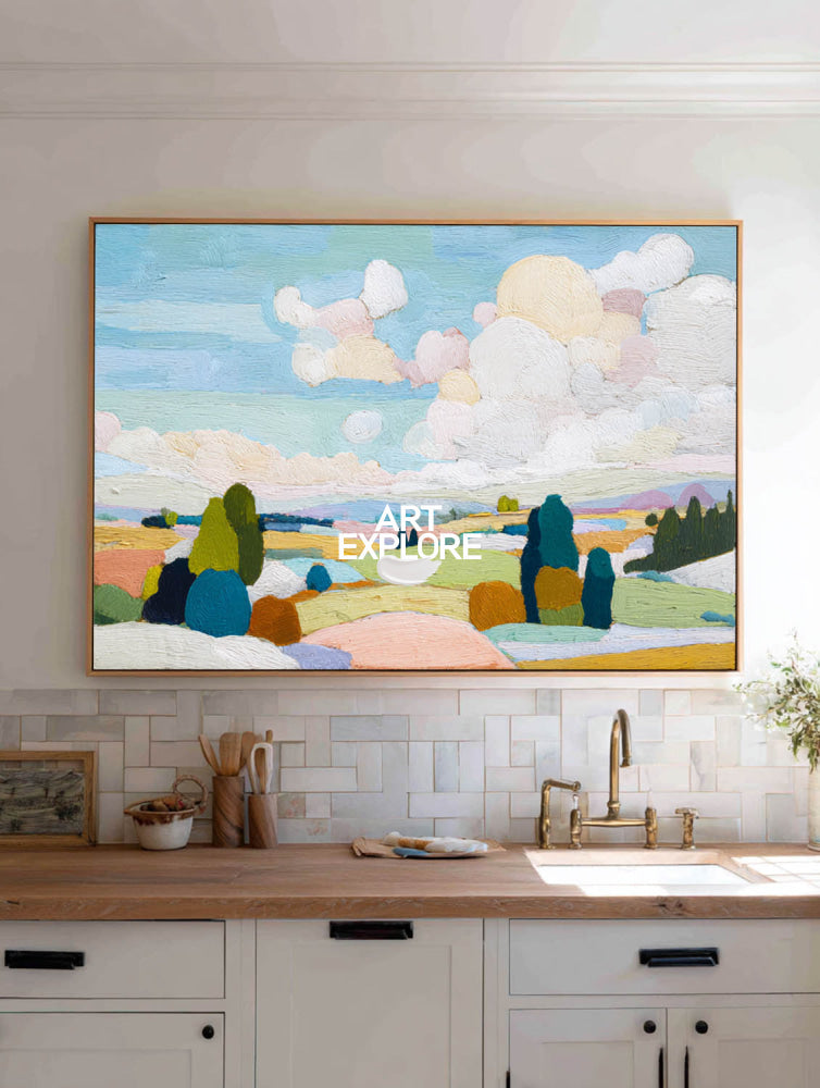 Modern Nature Landscape Painting With Textured Hills For Living Room Decor