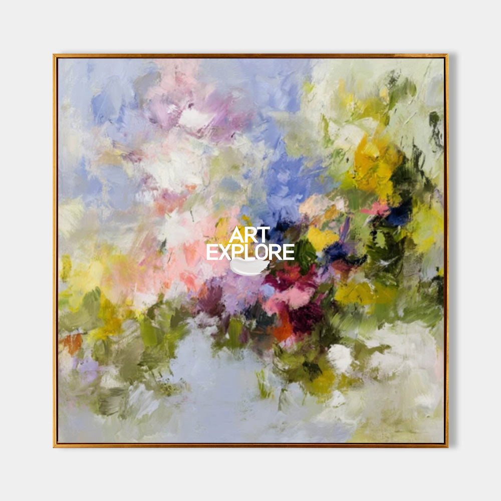 Square Abstract Meadow Painting In Pink Purple Green Yellow Blue For Bedroom Wall Art